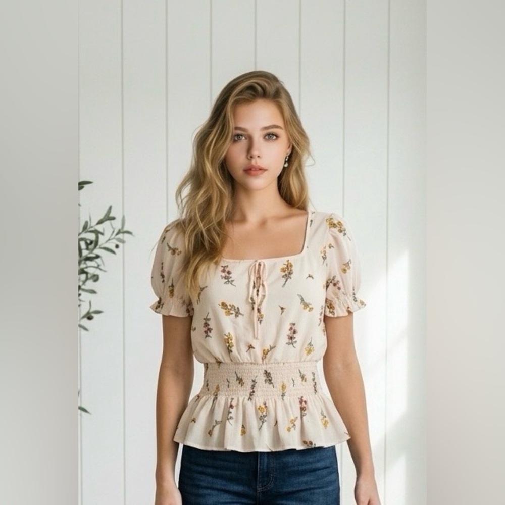 Women’s Floral Peplum Blouse – Puff Sleeve Tie Front Top Blush Pink